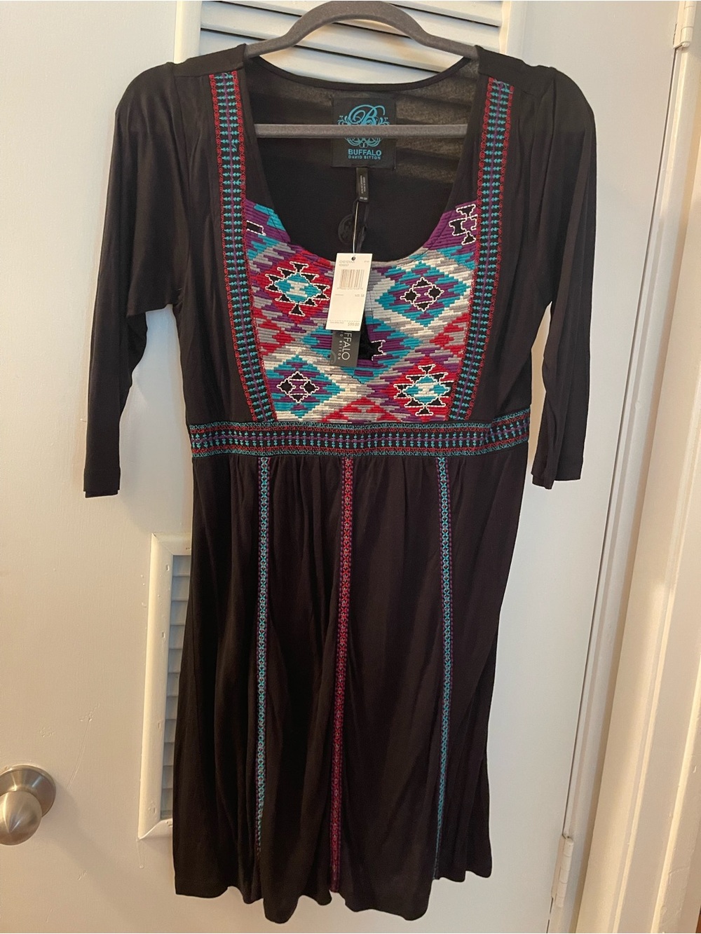 Buffalo David Bitton Black Dress with Multicolor Aztec Embroidery